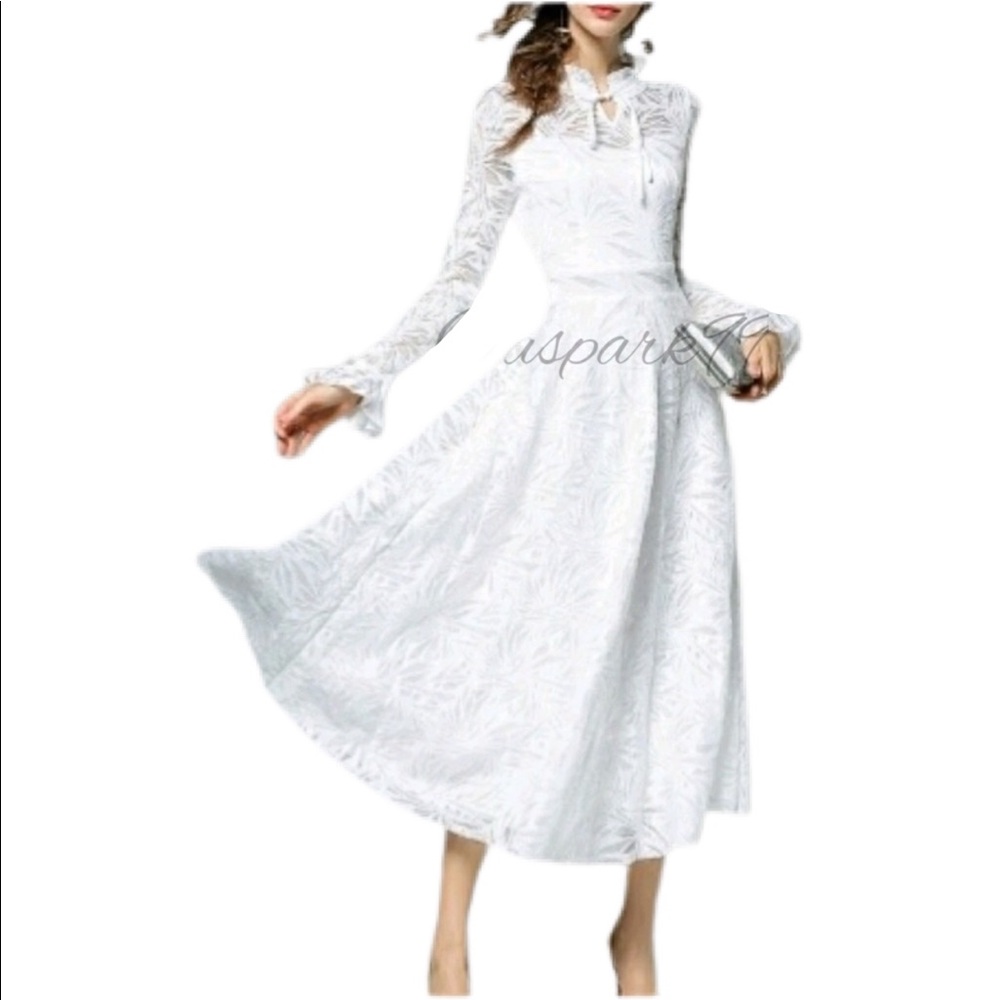 White Abstract Sheer Overlay Fit and Flare Dress